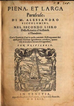 Copiosissima parafrase ... nel primo libro della retorica d'Aristotele : come nei sequenti Tomi nel 2 et 3 libro della ret., 2
