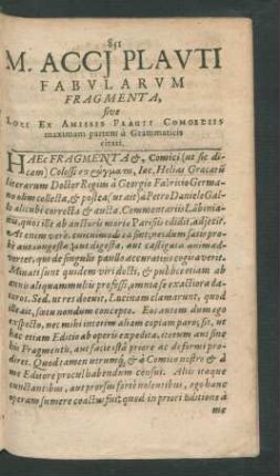 M. Acci Plauti Fabularum Fragmenta ...