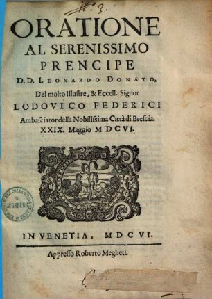 Oratione Al Serenissimo Prencipe D. D. Leonardo Donato