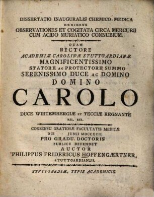 Dissertatio inauguralis chemico-medica exhibens observationes et cogitata circa mercurii cum acido muriatico connubium