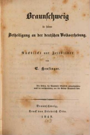 Braunschweig in seiner Betheiligung an der deutschen Volkserhebung : Rückblicke und Zeitbilder