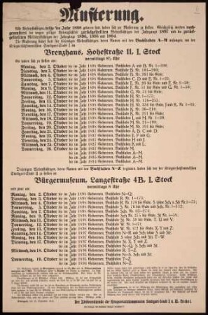 "Musterung" des Jahrgangs 1898 und Nachmusterung der Zurückgestellten aus den Jahrgängen 1897 bis 1894. Bekanntgabe der Musterungstermine und -bestimmungen