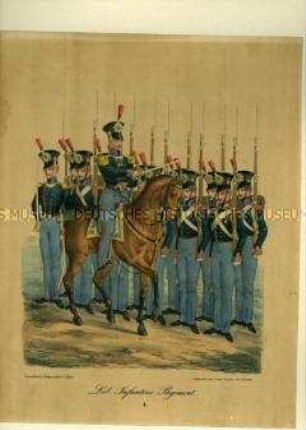 Offizier zu Pferd und Mannschaft, Leib-Infanterieregiment. Aus Kunstdruckmappe "Uniformen der Königlich Sächsischen Armee" 1832.