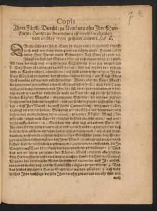 Copia Ihrer Fürstl: Durchl: zu Newburg ahn Ihre Chur-Fürstl: Durchl: zu Brandeburg uff deroselben schreiben vom 20. May 1650: gethaner antwort : [Düßeldorff den 9. Iulij Anno 1650]