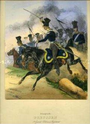 Uniformdarstellung, Ulanen im Angriff, 1. Garde-(Landwehr-) Ulanen-Regiment, Preußen, 1838/1843. Aus: Eckert/Monten: Das deutsche Bundesheer. Tafel 22.