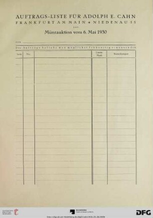 Auftragsliste für Adolph E. Cahn