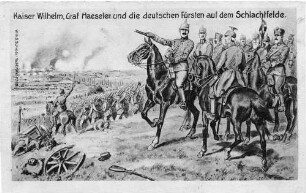 "Kaiser Wilhelm, Graf Haeseler und die deutschen Fürsten auf dem Schlachtfelde." Postkarte mit Briefmarke (5 Pf. Bayern) an Babette Müller, Ellerstadt, von Elisabeth Eisenhauer