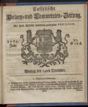 50. Stueck, Montag den 14ten December 1761