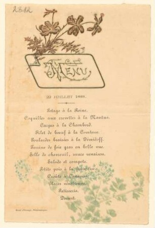 Menükarte : Menü, Hotel d'Orange