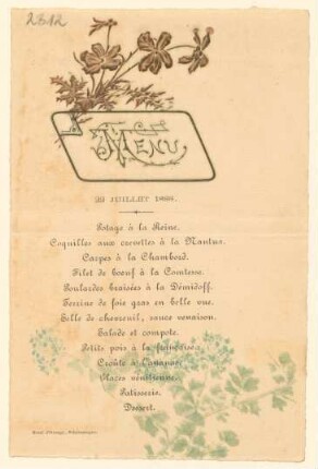 Menükarte : Menü, Hotel d'Orange