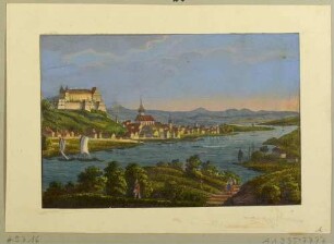 Stadtansicht von Pirna mit dem Sonnenstein und der Marienkirche von Nordosten über die Elbe
