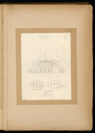 Angelhäuschen am See Monatskonkurrenz Juni 1864: Grundriss Untergeschoss, Erdgeschoss, Aufriss Seitenansicht; 2 Maßstabsleisten