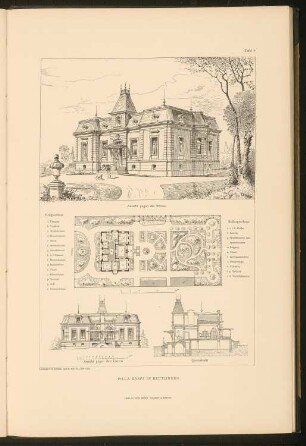 Villa Knapp, Reutlingen: Grundriss, Schnitt, Ansicht und perspektivische Ansicht (aus: Stadt- und Landhäuser, hrsg. von Ernst Wasmuth, Berlin 1894)