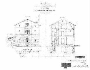 Wasseralfingen: Empfangsgebäude Verwaltungsgebäude Querschnitt (mit TR,FU),Giebelansicht