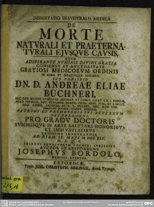 Dissertatio Inauguralis Medica De Morte Naturali Et Praeternaturali Eiusque Causis