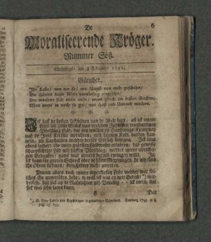 Nummer Söß. Mahndags den 8. Februray 1751