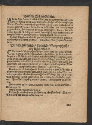 Teutsche Historische/ Politische/ Geographische und Kunst-Bücher.