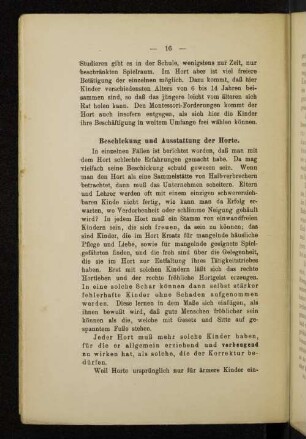 Beschickung und Ausstattung der Horte.