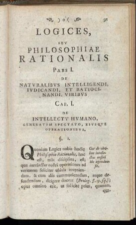 Cap. I. De intellectu humano, generatim spectato, eiusque operationibus.