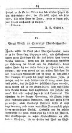 IX. Einige Worte an Hamburgs Menschenfreunde.