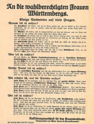 Flugblatt "An die wahlberechtigten Frauen Württembergs" zur Ausübung des Frauenwahlrechts