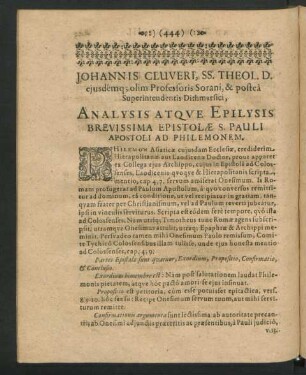 Johannis Cluveri ... Analysis Atque Epilysis Brevissima Epistolae S. Pauli Apostoli Ad Philemonem.