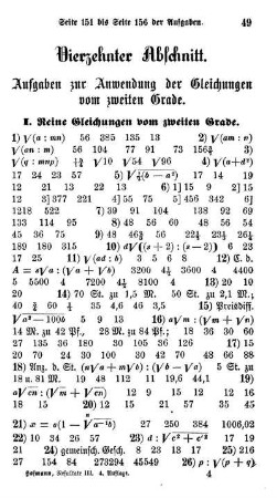 Vierzehnter bis Achtzehnter Abschnitt. Aufgaben zur Anwendung der Gleichungen vom zweiten Grade. Arithmetische und geometrische Reihen. Zinseszinsen- und Rentenrechnung.