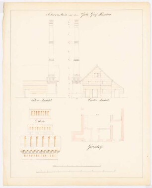 Wirtschaftsgebäude, Groß Münche: Schornstein: 2 Ansichten, Grundriss und Details