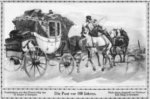 Postkutsche : Aquarell: Die Post vor 100 Jahren (um 1820) von Prof. Robert von Haug (Stuttgart), Ansichtskarte aus dem Kunstverlag M. Seeger in Stuttgart