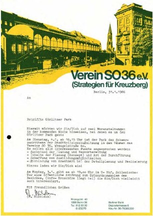 Chronologische Dokumentation: Bürgerbeteiligung Görlitzer Park, 1986