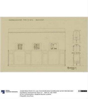 St. Louis, Sommersitz eines Kunstfreundes auf der internationalen Ausstellung, Herrenzimmer, Raum 27, Aufriss der Südostwand sowie Aufrisse und Grundriss des Sessels