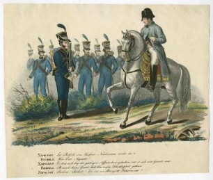 Kaiser Napoleon I. Bonaparte zu Pferd und württembergischer Soldat Röhrle von Häfner-Neuhausen, 1812, Napoleon zu Pferd läßt Röhrle aus Truppe hervortreten, belobigt ihn, jeweils in Uniform mit Mütze