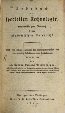 Lehrbuch der speciellen Technologie : vornehmlich zum Gebrauch beym akademischen Unterricht