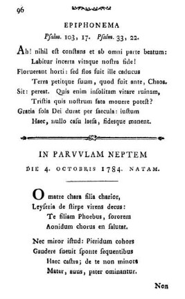 IN PARVVLAM NEPTEM DIE 4. OCTOBRIS 1784. NATAM.