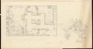 Garten Günther Vollberg, Berlin-Grunewald: Lageplan mit Gartenplan und perspektivische Ansicht (Vogelschau) 1:100, 1. Plan