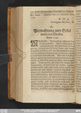 16. Vermahnung zum Gebet wider den Türcken. Anno 1541.