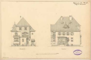 Villa für eine Familie, Berlin-Grunewald Monatskonkurrenz September 1892: Aufriss Nordseite, Ostseite; Maßstabsleiste