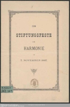 Zum Stiftungsfeste der Harmonie am 7. November 1897