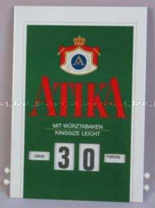 Immerwährender Wandkalender (mit Originalverpackung) mit Werbeaufdruck für "Atika"-Zigaretten