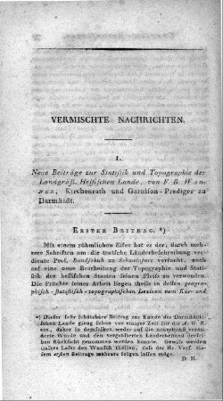 Neue Beiträge zur Statistik und Topographie der Landgräfl. Hessischen Lande / von F. B. Wagner, Kirchenrath und Garnison-Prediger zu Darmstadt