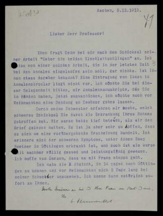Nr. 41: Brief von Otto Blumenthal an David Hilbert, Aachen, 8.12.1913