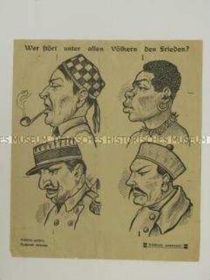 Faltblatt mit Karikaturen auf verschiedene Menschenrassen zur Zuweisung der Kriegsschuld auf die Juden