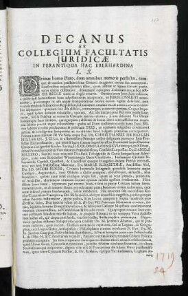 Decanus Et Collegium Facultatis Juridicae In Perantiqua Hac Eberhardina L. S.