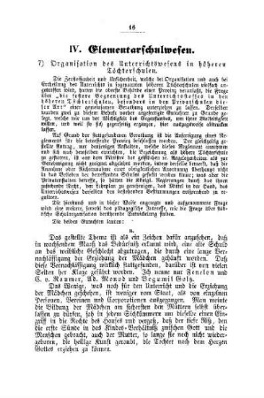 Organisation des Unterrichtswesens in höheren Töchterschulen : [IV. Elementarschulwesen]