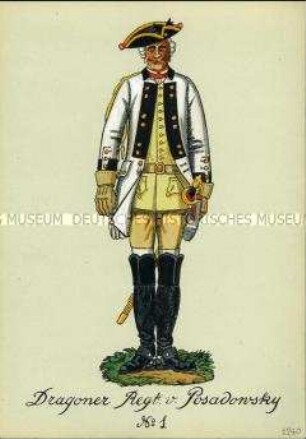Uniformdarstellung, Gemeiner des Dragoner-Regiments (von Posadowsky) D I, Preußen, 1740.