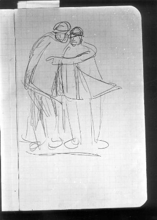 Zwei Männer : Taschenbuch. Zwei Männer. Bleistiftzeichnung auf kariertem Taschenbuchblatt (E. Barlach). Güstrow, Atelier des Bildhauers