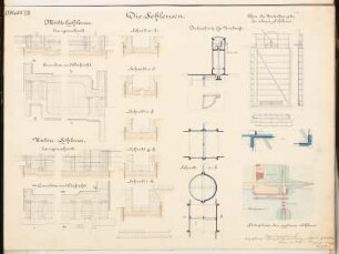 Flussregulierung Schinkelwettbewerb 1882: Schleusen. Grundrisse, Schnitte, Details, Lageplan (1:1000, 1:200, 1:50; 1:20; 1:10)