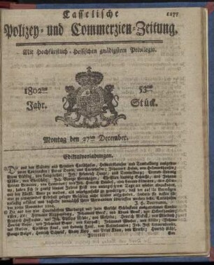 52tes Stueck, Montag den 27ten December 1802