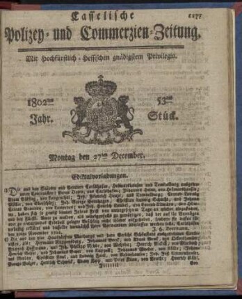 52tes Stueck, Montag den 27ten December 1802