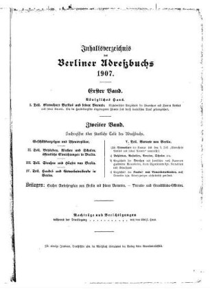 Inhalts= Verzeichniß des Berliner Adreßbuchs 1907